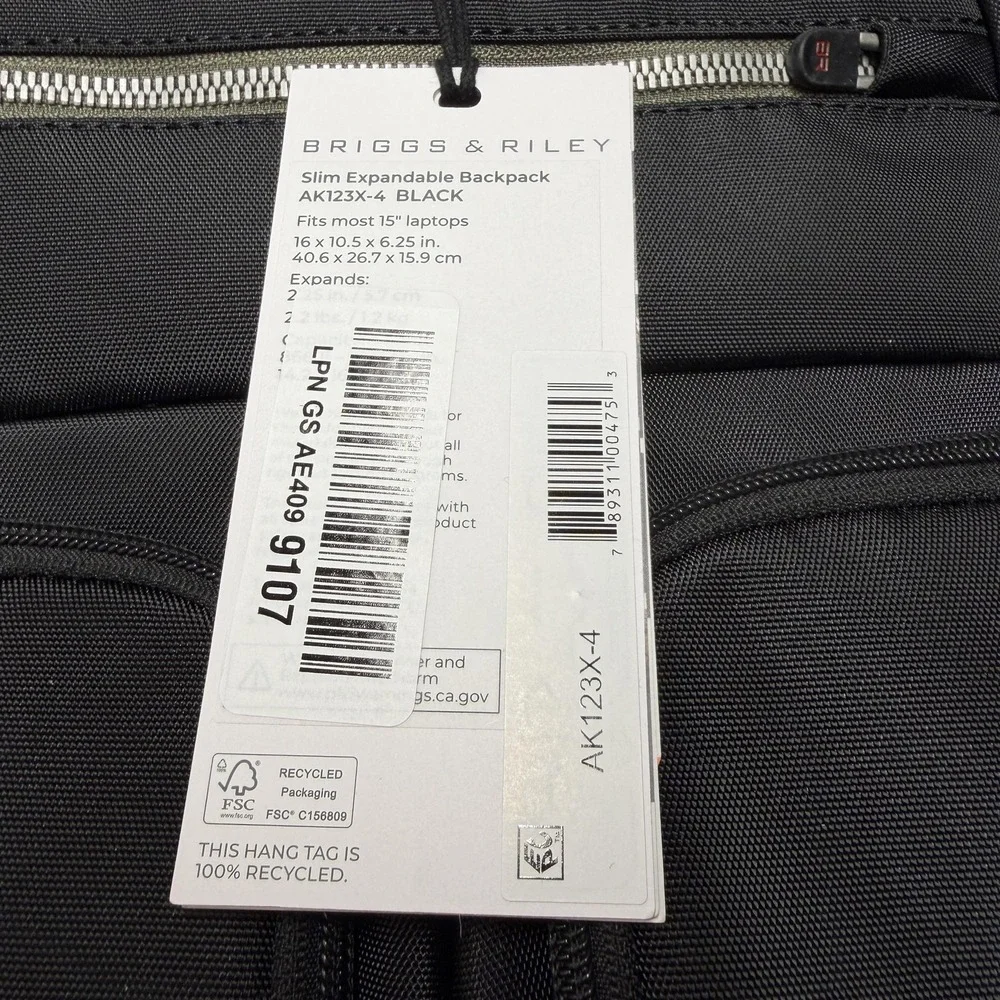 Briggs & Riley Black Slim Expandable Backpack 15